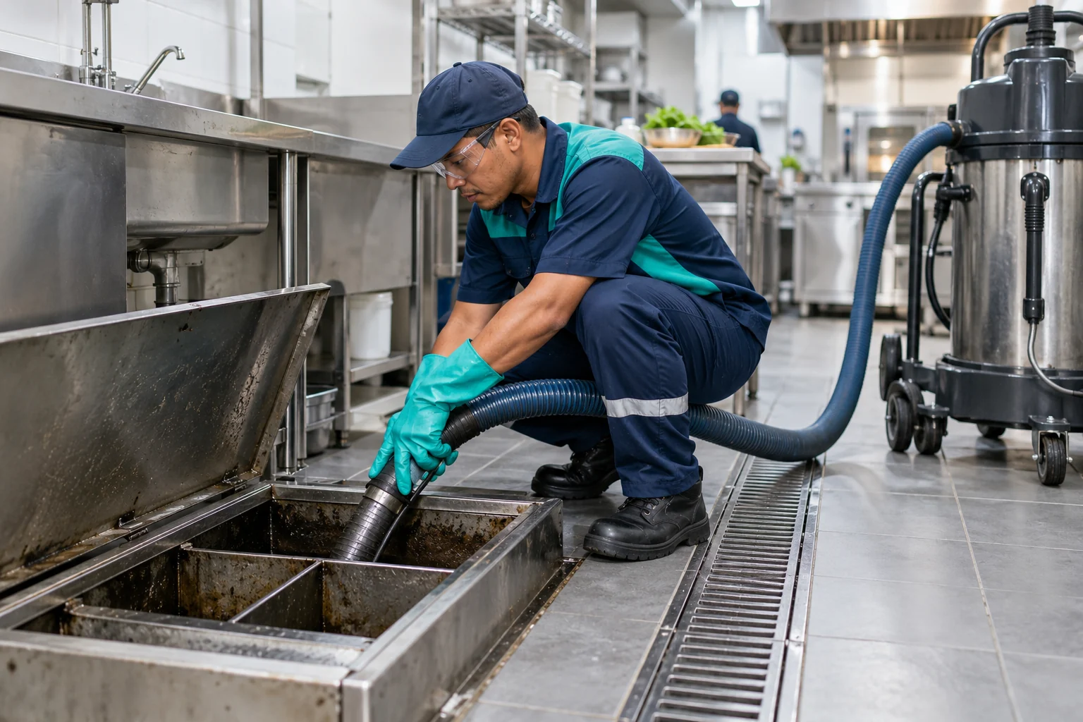 YGR specialist performing professional grease trap removal in a restaurant kitchen