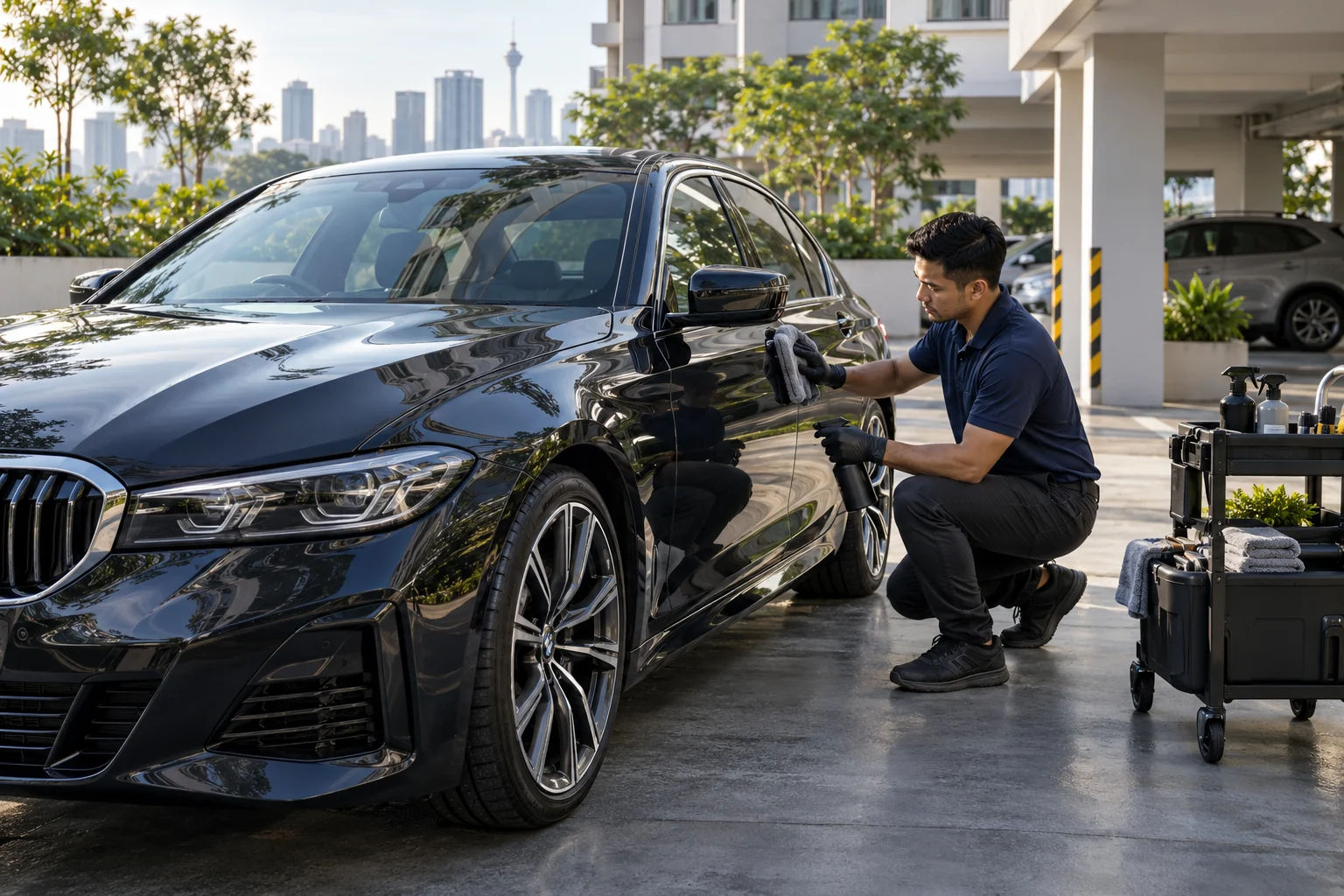 Mobile waterless car care professional detailing a vehicle in Klang Valley
