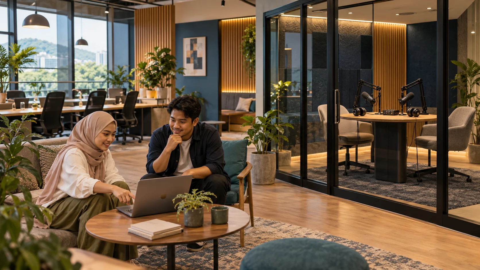 Premium coworking lounge with an acoustically treated podcast studio